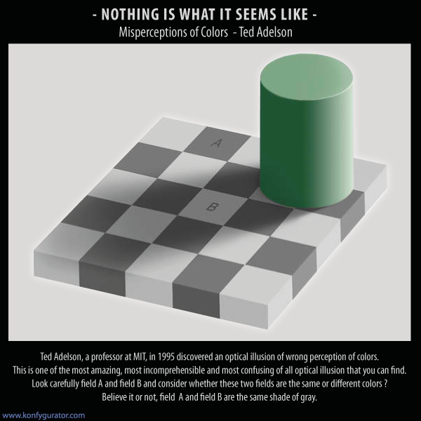 Optical Illusions drawing - Ted Adelson, a professor at MIT, in 1995 discovered an optical illusion of wrong perception of colors. This is one of the most amazing, most incomprehensible and most confusing of all optical illusion that you can find.