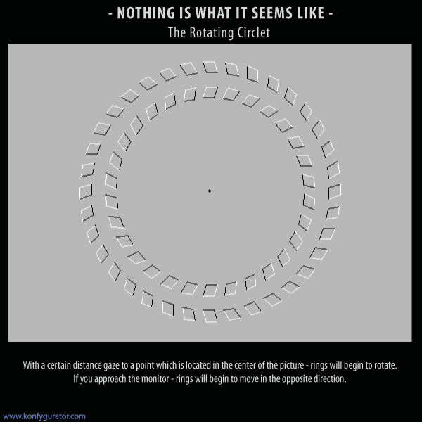 Optical Illusions drawing - With a certain distance gaze to a point which is located in the center of the picture - rings will begin to rotate. If you approach the monitor - rings will begin to move in the opposite direction. 